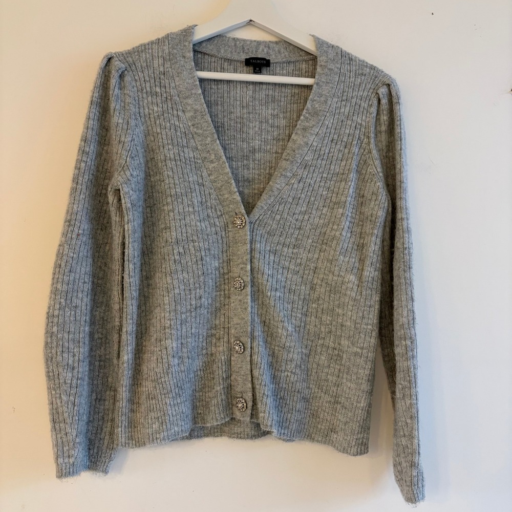Talbots Grey Metallic Shimmer Ribbed Rhinestone Button Cardigan Sweater Womens M